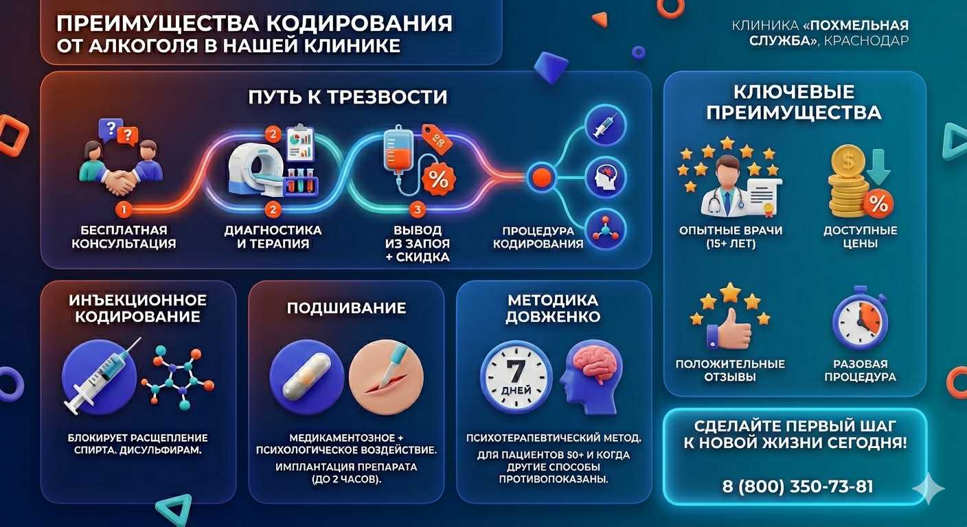 Инфографика о методах кодирования от алкоголя в Хотьково: инъекции, подшивание, метод Довженко. Преимущества клиники и этапы лечения.
