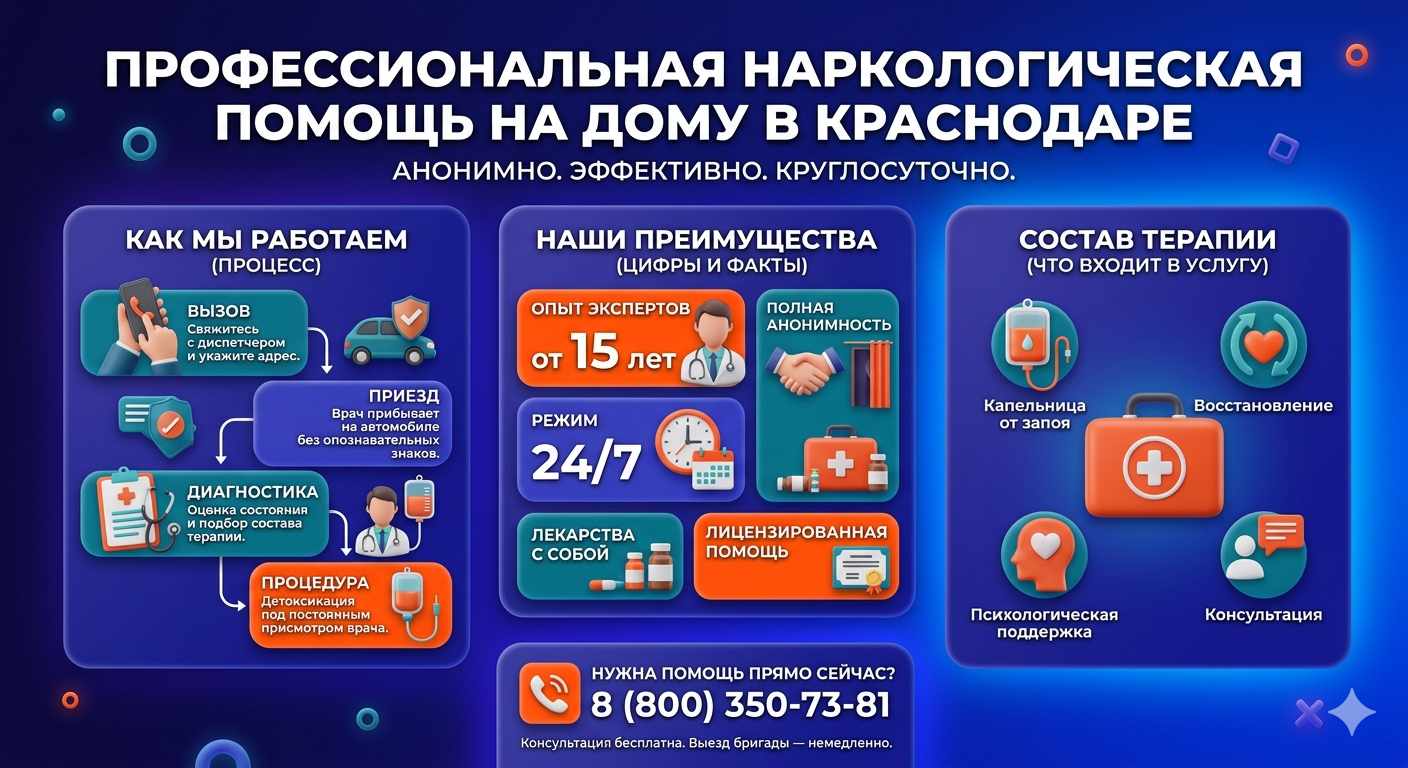 Инфографика о принципах лечения алкоголизма на дому в Хотьково: этапы вызова нарколога, преимущества анонимной детоксикации и состав медицинской помощи.